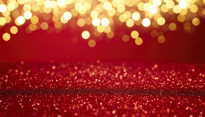 Poster - Sparkling red glitter surface with warm golden bokeh lights glowing above creates festive