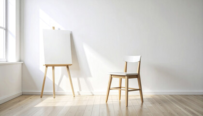 Poster - minimalist interior featuring wooden stool and empty canvas easel, illuminated by natural light