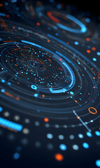 Poster - Abstract technology background showcasing intricate digital patterns and futuristic circular data visualization rendering connections and innovations
