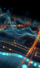 Poster - Digital terrain visualization showcases interconnected networks and flowing data streams, emphasizing modern connectivity and information technology landscapes