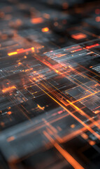 Poster - Futuristic cityscape with glowing lines and dark buildings showcasing technological advancements and modern architecture innovation