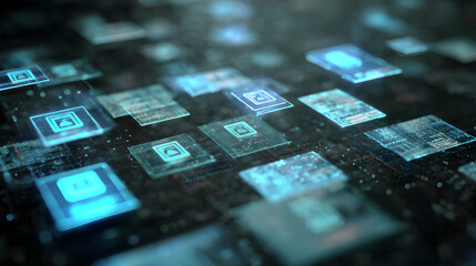 Poster - Futuristic technology landscape with glowing interfaces representing digital connectivity and network data