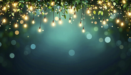 Poster - Twinkling fairy lights draped among lush green leaves create magical ambiance