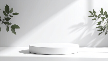 Poster - Minimalist white display platform with soft shadows and greenery