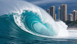© kulkann - Big sea wave near the city coast. AI generated.