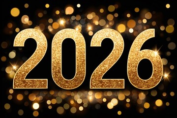 Poster - Golden glitter effect celebrating new year 2026 on black background