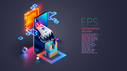 Poster - The AI manages the logistics, delivery of the online store. The robot or Cyborg hand gives the order box to customer from screen phone. Artificial Intelligence delivery. Delivery service automation.