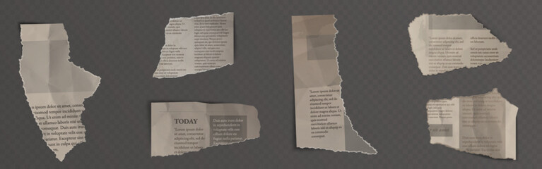 Poster - Torn newspaper fragments, ripped paper scraps with text. Crumpled news clipping pieces, shredded old page remnants. Damaged sheets from book or journal. Grunge collage or scrapbooking design element.