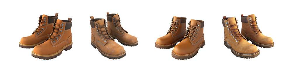 Fototapete - set of pairs of tan leather work boots displayed isolated on transparent background