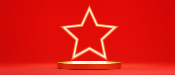 Poster - Neon star stage display with glowing white outline above cylindrical podium. Bright luminous symbol on red background for product presentation. Modern showcase platform with electric light effect.