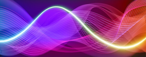 Poster - Audio neon wave background with vibrant rainbow gradient flowing lines. Glowing sound frequency visualization. Dynamic music spectrum digital wallpaper. Abstract luminous curves with bright edges.