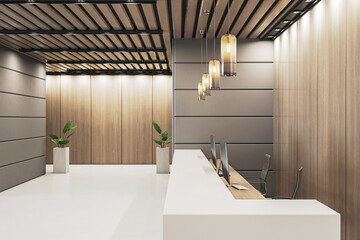 Poster - Modern office interior with side view of minimalist reception desk, warm lighting and wood paneling in contemporary workspace. 3D Rendering