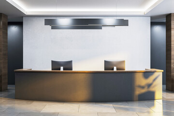 Poster - Modern reception counter in stylish office interior with minimalist lighting, wood accents, and clean architectural design elements on display. 3D Rendering