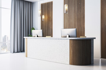 Aufkleber - Modern corporate reception interior with wooden panels, marble counter, and city view through large windows in a bright office environment. 3D Rendering