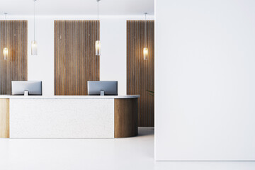 Poster - Modern corporate reception with marble desk and wood paneling, blank wall for signage or logo, clean bright interior design concept.. 3D Rendering
