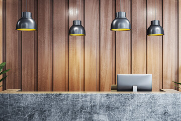 Aufkleber - Modern reception desk with computer on marble counter under pendant lights in wooden panel office interior design concept workspace background. 3D Rendering