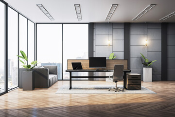 Poster - Modern executive office interior with panoramic windows, luxury furniture, and clean design elements in spacious corporate workplace setting. 3D Rendering