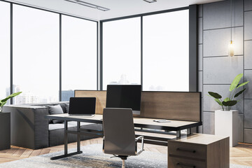 Poster - Modern executive office interior with stylish furniture, large windows, and city view in a luxurious upscale workplace setting. 3D Rendering