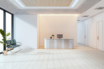 Poster - Modern luxury office reception area with front desk, seating, and glass wall in bright corporate workspace interior for branding or mockup use. 3D Rendering