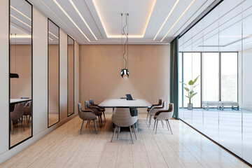 Aufkleber - Modern corporate boardroom interior with elegant lighting, glass partition, wooden furniture, and contemporary design elements in office space. 3D Rendering