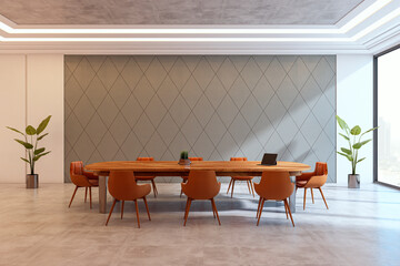 Aufkleber - Modern empty corporate boardroom interior with large wooden meeting table, orange chairs, minimalist design and bright side window view. 3D Rendering