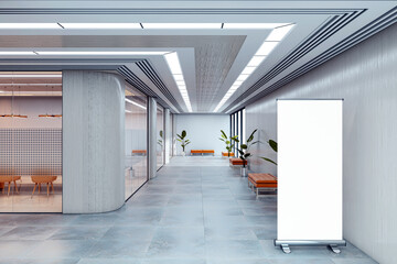 Aufkleber - Modern corporate hallway interior with empty roll-up banner stand for promotional display near glass meeting room and seating area. 3D Rendering