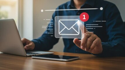 A person interacts with a digital email icon over a laptop and phone on a wooden desk surface