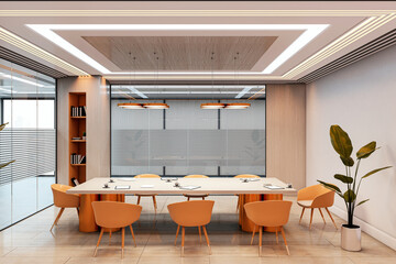 Fototapete - Modern luxury boardroom interior with minimalist furniture, glass walls, ceiling lights, and an organized workspace setup for meetings. 3D Rendering