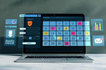 Poster - Digital calendar interface on laptop with payment form and data charts over gray background, representing online scheduling and finance concept. 3D Rendering