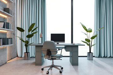 Poster - Modern executive office with panoramic city view, stylish furniture, bookshelves, and contemporary workspace design in luxury interior setting. 3D Rendering