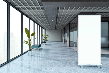 Aufkleber - Vertical roll-up banner mockup in modern corporate hallway with large windows, glass walls, and indoor plants on polished stone floor. 3D Rendering