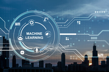 Aufkleber - Machine learning technology interface with futuristic digital icons on cityscape background at sunset, representing AI and neural network systems.
