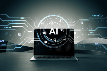 Poster - Futuristic interface with AI hologram and digital symbols emerging from laptop screen on abstract background in tech and machine learning concept. 3D Rendering