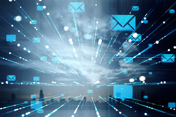 Poster - Digital email communication symbols with glowing lines on futuristic abstract background illustrating online messaging and modern technology concept.