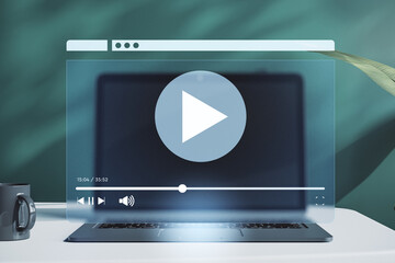 Aufkleber - Digital media player interface over laptop on desk with futuristic streaming overlay and modern teal background in soft ambient light concept. 3D Rendering