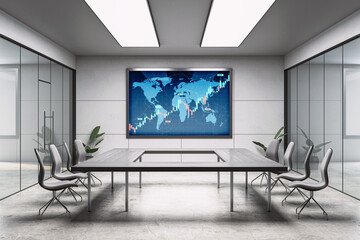 Aufkleber - Modern corporate meeting room interior with glass partitions and financial stock market chart on digital screen display wall background. 3D Rendering