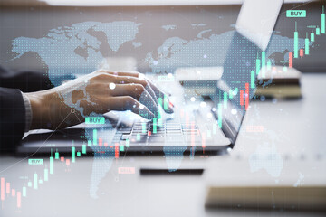 Poster - Businesswoman using laptop with financial forex chart and global stock market data overlay in modern office background for investment analysis concept.