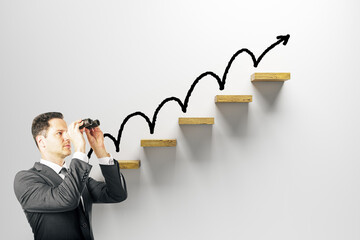 Poster - Businessman with binoculars looking at upward arrow and wooden steps symbolizing progress and growth on white background wall concept..