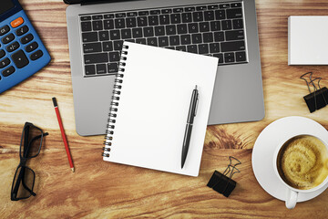 Poster - Top view of clean office desk with blank notepad, coffee cup, laptop, and accessories on wooden background for business workspace mockup template. 3D Rendering