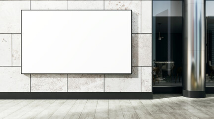 Aufkleber - Blank rectangular billboard mockup on modern stone wall outside a retail business storefront with clean light background for advertising display. 3D Rendering