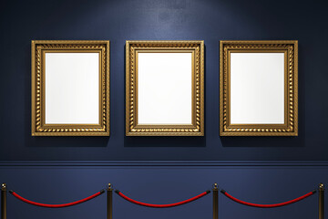 Aufkleber - Three classic golden frames on a dark gallery wall with red rope barrier and spotlight, ideal for showcasing artwork or exhibition posters. 3D Rendering