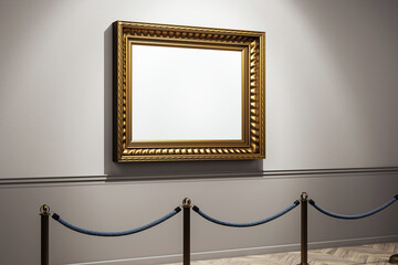 Aufkleber - Empty golden frame hanging on museum wall with spotlight in elegant corridor interior and rope barrier in front of exhibit display. 3D Rendering