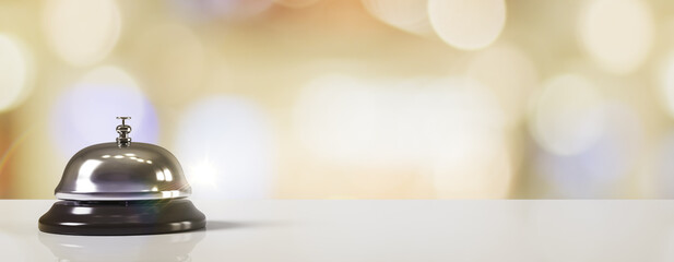 Poster - Hotel service bell on reception counter with blurred light background and empty copy space for hospitality or office design template concept. 3D Rendering
