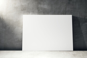 Poster - Minimalist blank canvas leaning against dark concrete wall in empty room with soft lighting and clean floor, perfect for mockup or modern gallery. 3D Rendering