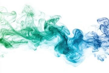 Poster - Green and blue smoke swirls gracefully over a white background creating a mesmerizing visual display in a serene and artistic manner during daylight hours