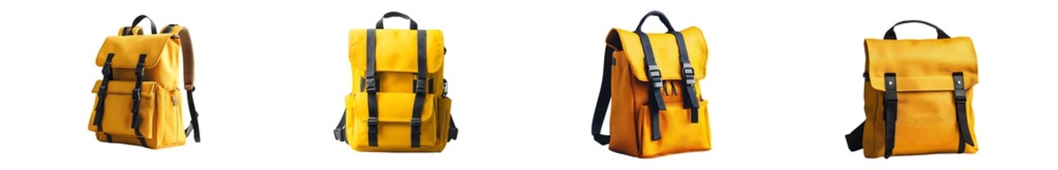 Poster - Multiple mustard yellow backpacks displayed against a white background.