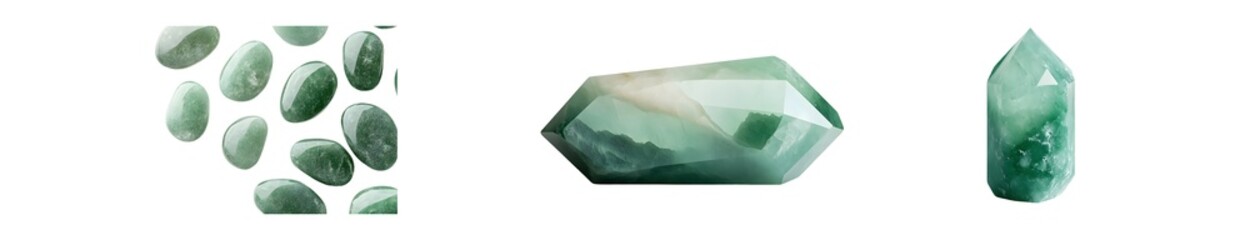 Fototapete - set of Assorted green stones and crystals against a white background.