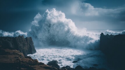 Aerial view of massive ancient tsunami waves crashing onto rocky coastline with towering dark water wall and dramatic storm clouds. Prehistoric natural disaster and extreme weather concept.