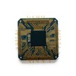 © Michael - Macro top view of silicon processor chip with exposed gold bonding wires, on a white background Generative AI