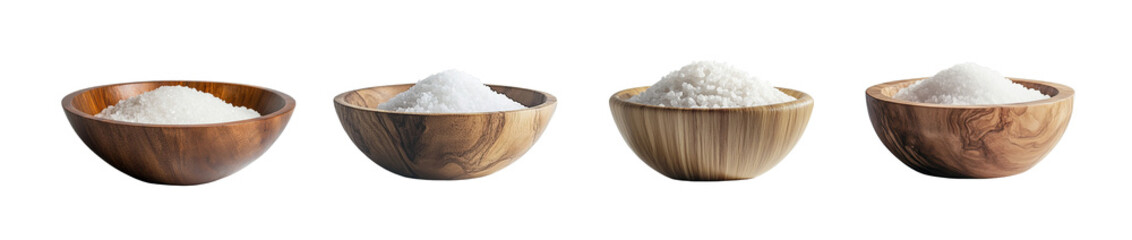Poster - set of Wooden bowls filled with white granular substance. isolated on transparent background